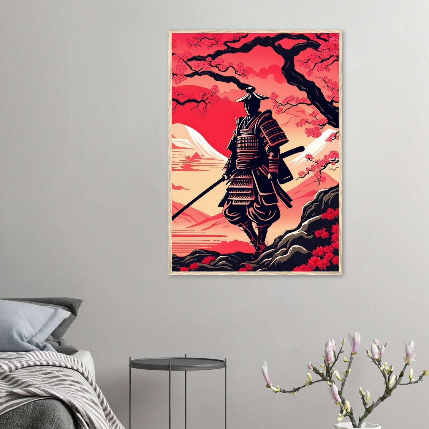 Kirschblüten Samurai - Premium-Poster aus mattem Papier mit Holzrahmen
