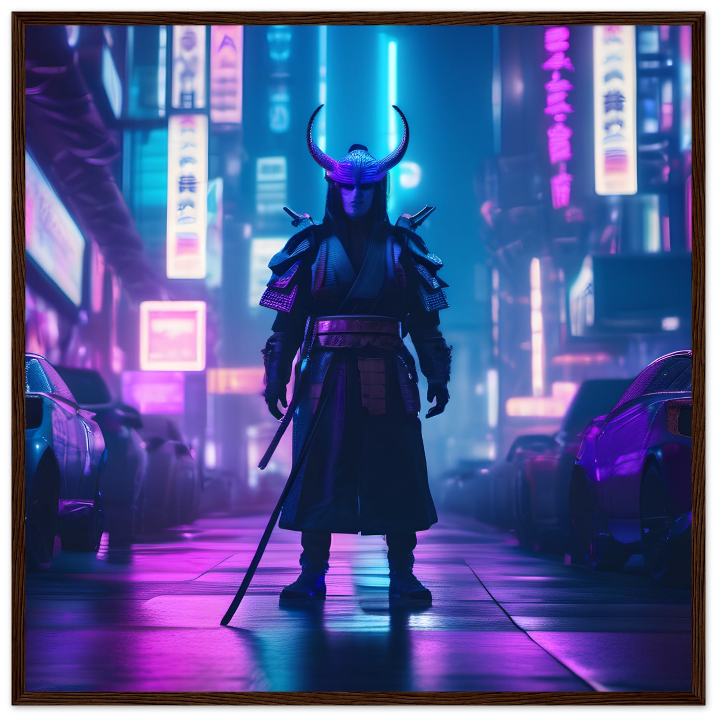 Cyberpunk Onai Maske Samurai - Poster mit Holzrahmen