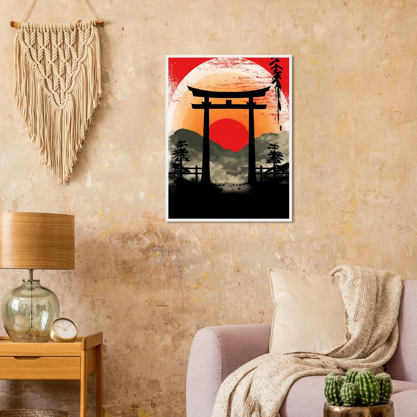 Japanischer Altar im Sonnenuntergang - gerahmtes Bild