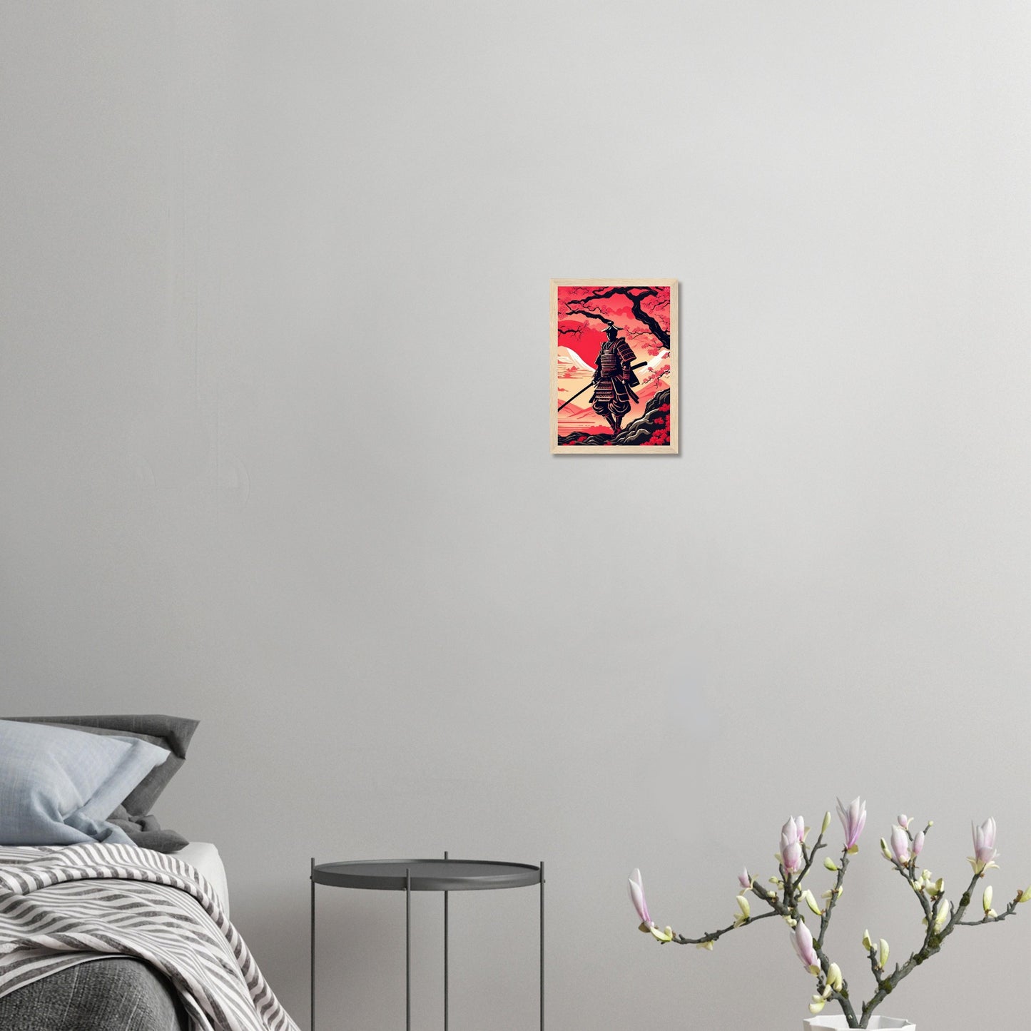 Kirschblüten Samurai - Premium-Poster aus mattem Papier mit Holzrahmen