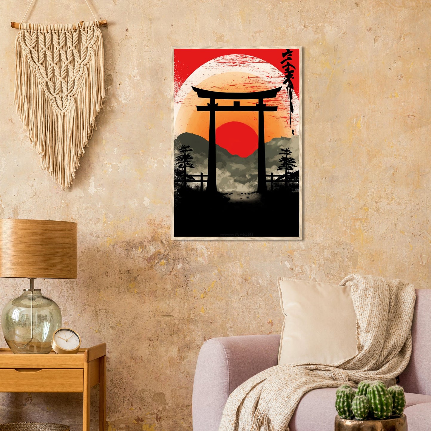 Japanischer Altar im Sonnenuntergang - gerahmtes Bild